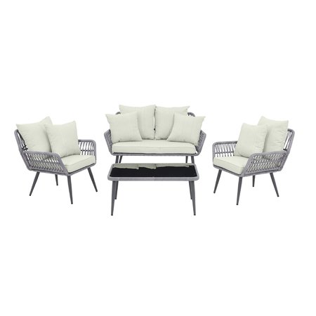 MANHATTAN COMFORT Portofino Rope Wicker 4-Piece Patio Conversation Set with Cushions in Cream OD-CV019-CR
